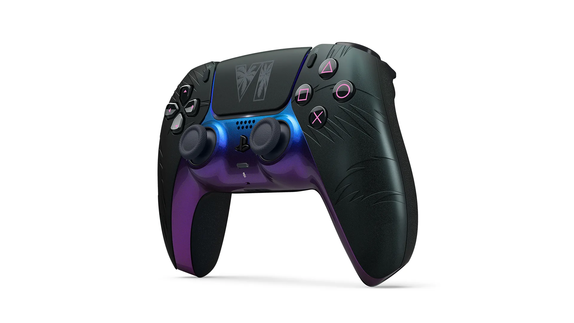 Controle DualSense preto de edição limitada de GTA 6 visto pela frente e pelo lado esquerdo