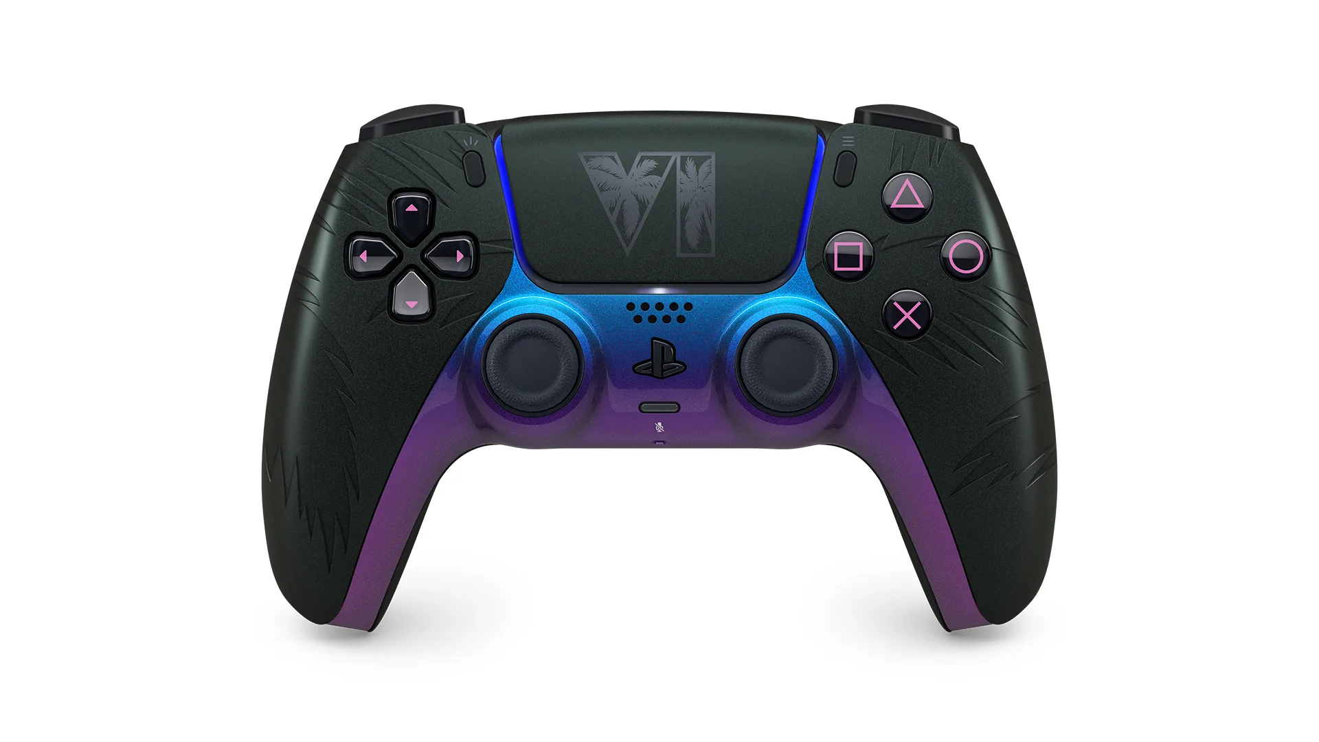Vista frontal do controle DualSense preto de edição limitada de GTA 6