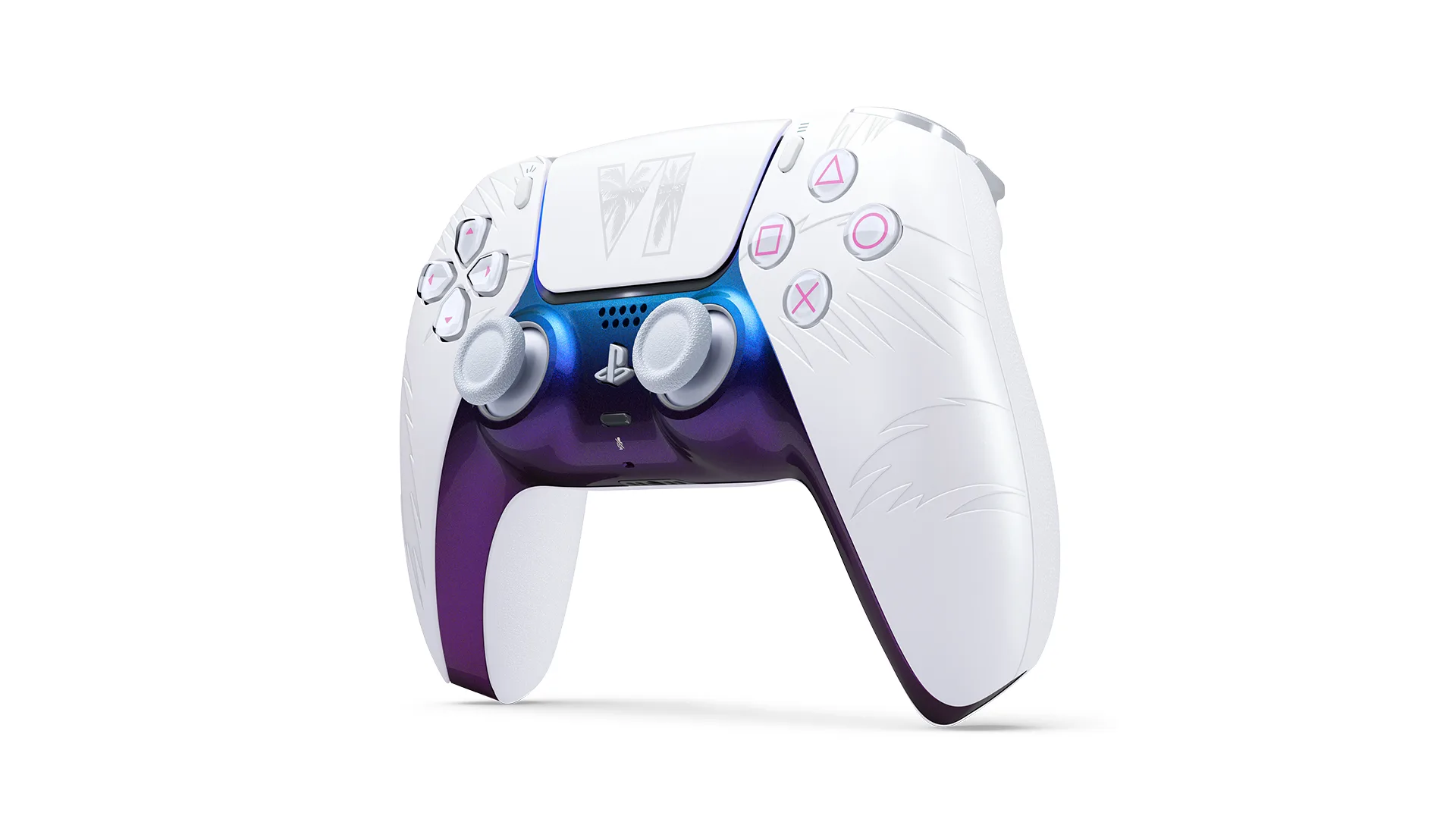 Controle DualSense branco de edição limitada de GTA 6 visto pela frente e pelo lado esquerdo