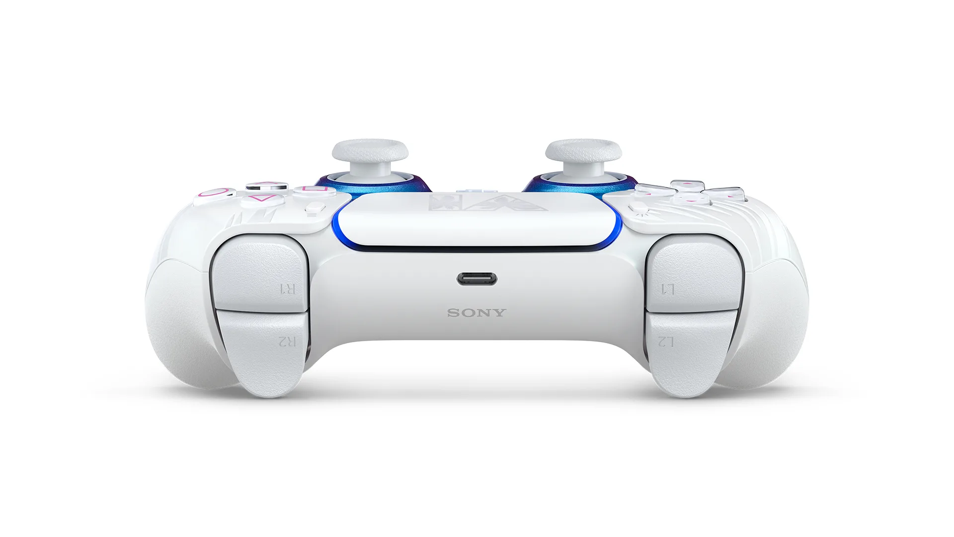 Vista traseira do controle DualSense branco de edição limitada de GTA 6