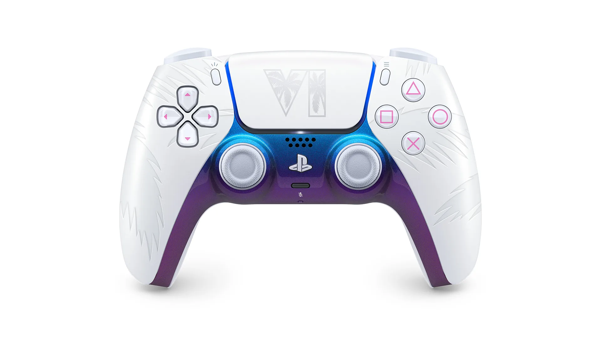 Vista frontal do controle DualSense branco de edição limitada de GTA 6