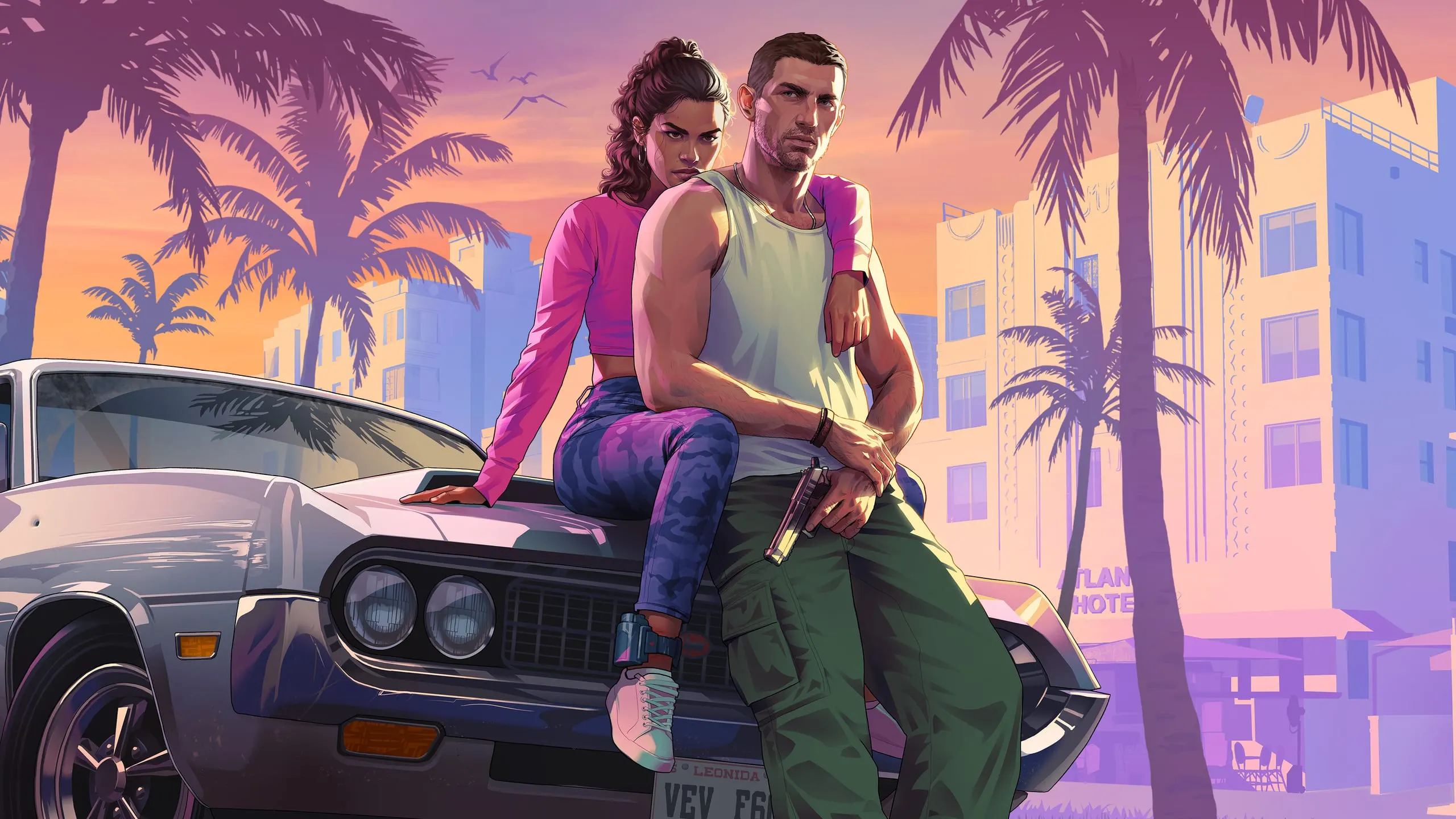 Lucia Caminos e Jason Duval sentados em um carro na arte oficial de Grand Theft Auto VI