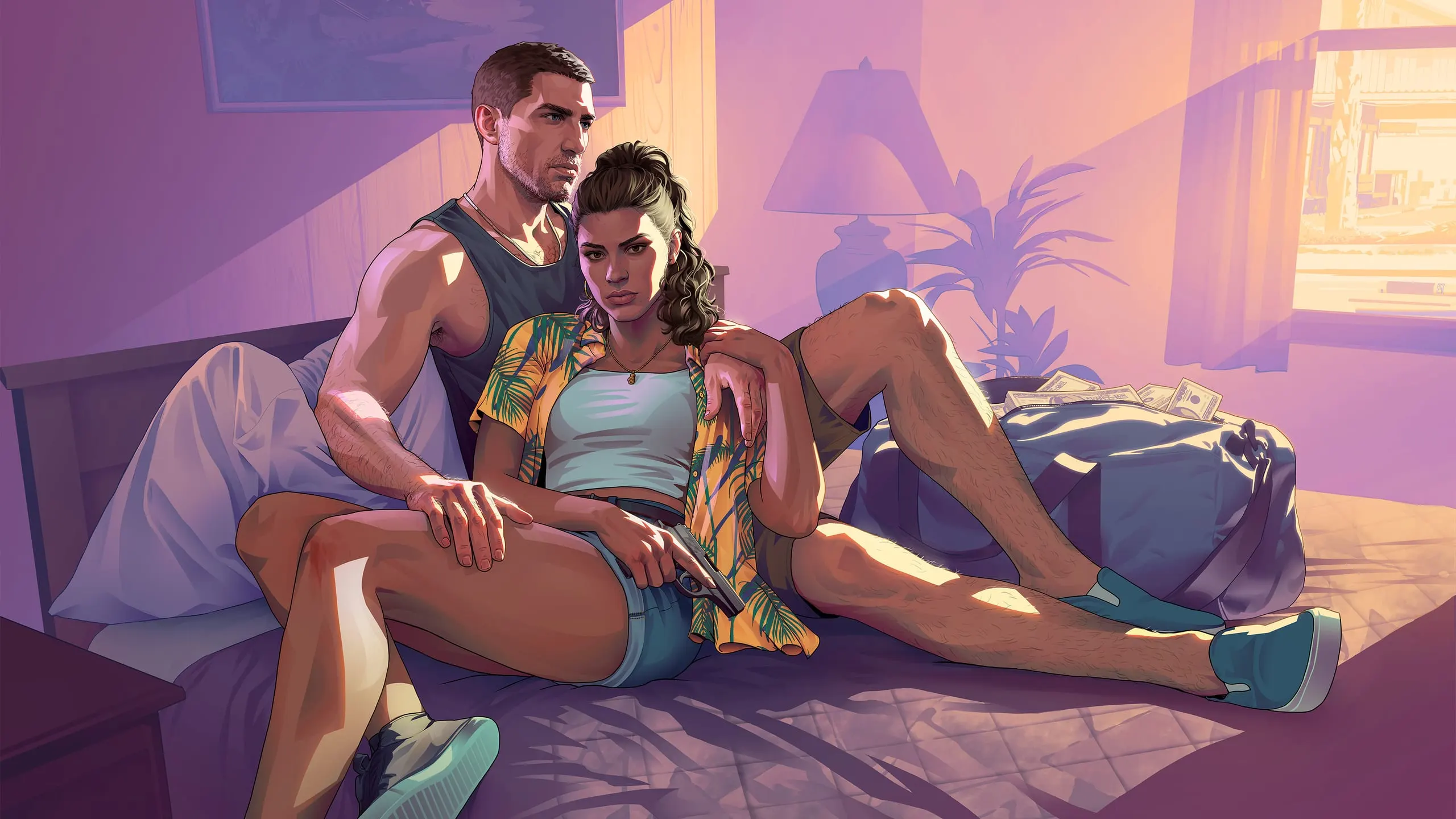 Lucia Caminos e Jason Duval em um quarto de motel na arte oficial de Grand Theft Auto VI